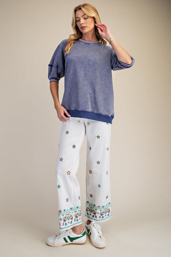 Easel Mineral Washed Terry Knit Banded Striped Detail Top in Washed Denim