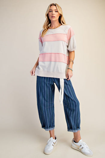Easel Mineral Washed Boxy Rugby Striped Top in Khaki