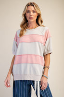 Easel Mineral Washed Boxy Rugby Striped Top in Khaki