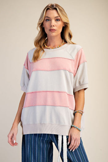 Easel Mineral Washed Boxy Rugby Striped Top in Khaki