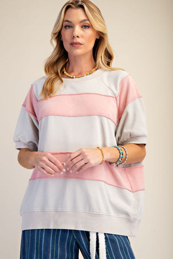 Easel Mineral Washed Boxy Rugby Striped Top in Khaki