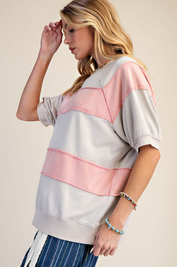 Easel Mineral Washed Boxy Rugby Striped Top in Khaki