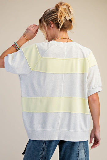 Easel Mineral Washed Boxy Rugby Striped Top in Light Heather Grey