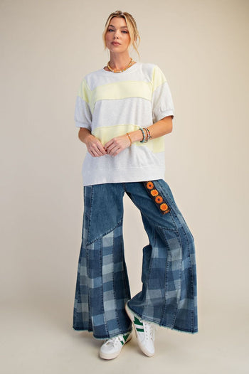 Easel Mineral Washed Boxy Rugby Striped Top in Light Heather Grey