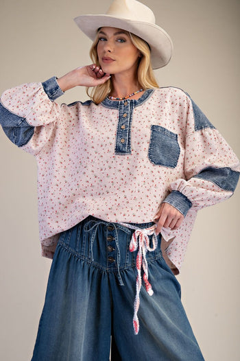 Easel Floral Thermal Henley Top with Denim Contrast in Blush