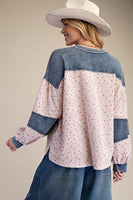 Easel Floral Thermal Henley Top with Denim Contrast in Blush