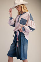 Easel Floral Thermal Henley Top with Denim Contrast in Blush