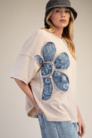 Easel Bandana Flower Top in Khaki