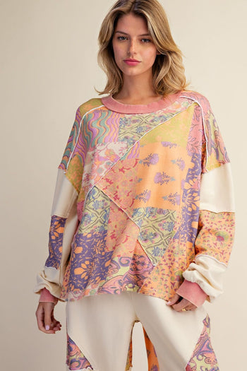 Easel Signature Print Washed Terry Knit Top in Lime Rose