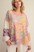 Easel Signature Print Washed Terry Knit Top in Lime Rose