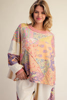 Easel Signature Print Washed Terry Knit Top in Lime Rose