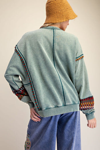 Easel Floral Patch Front Washed Terry Pullover Top in Pine Green