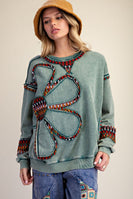 Easel Floral Patch Front Washed Terry Pullover Top in Pine Green