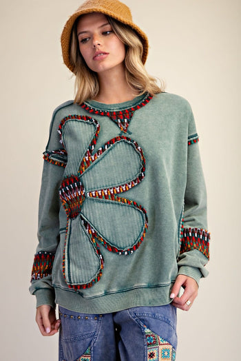 Easel Floral Patch Front Washed Terry Pullover Top in Pine Green