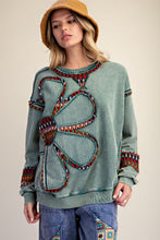 Load image into Gallery viewer, Easel Floral Patch Front Washed Terry Pullover Top in Pine Green
