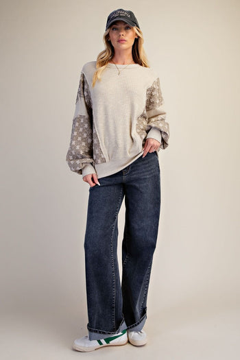 Easel Mix Fabric Pullover Top in Khaki