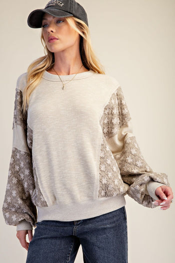 Easel Mix Fabric Pullover Top in Khaki