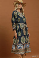 Umgee Abstract Print Belted Midi Dress in Midnight