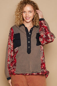 POL French Terry Top with Contrasting Color and Plaid Details in Charcoal