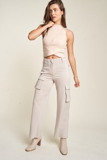 Davi & Dani Tummy Control Mid Rise Cargo Pants in Cool Beige FINAL SALE