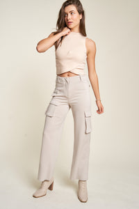 Davi & Dani Tummy Control Mid Rise Cargo Pants in Cool Beige