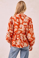 BiBi Flower Print Woven Top with Scallop Trim Detail in Rust