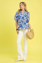 Load image into Gallery viewer, Umgee Floral Print Top with Contrasting Stripe Piping in Blue
