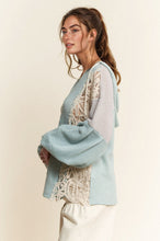 Load image into Gallery viewer, Davi &amp; Dani OVERSIZED Hooded Mixed Fabric Top with Flower Patch in Light Blue Grey
