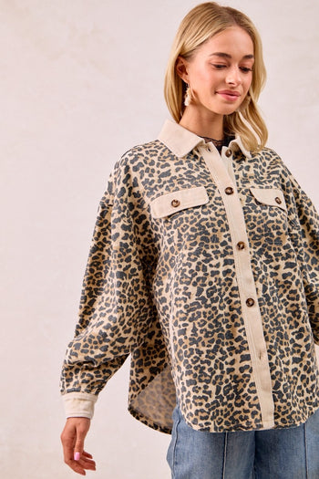 BiBi Mineral Washed Leopard Print Shacket