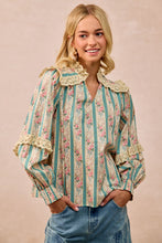 Load image into Gallery viewer, BiBi Stripe and Floral Print Top with Eyelet Lace Trim in Teal

