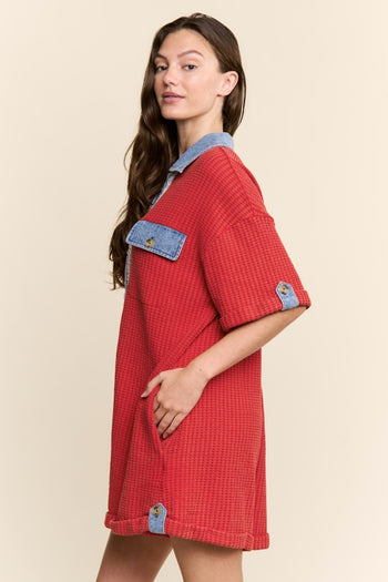 J.nna Retro-Remix Waffle Romper in Washed Red