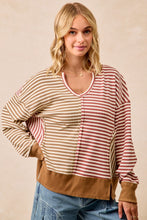 Load image into Gallery viewer, BiBi Thermal Knit Color Block Striped Top in Mocha/Marsala
