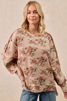 BiBi OVERSIZED Floral Print Waffle Knit Top in Taupe ON ORDER