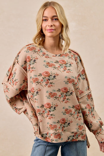 BiBi OVERSIZED Floral Print Waffle Knit Top in Taupe ON ORDER