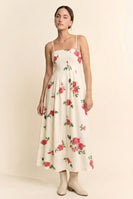 Davi & Dani Flower Print French Terry Midi Dress in Cream