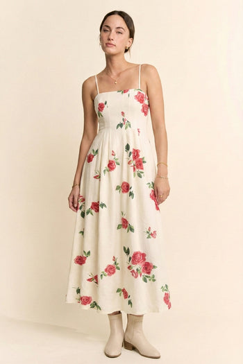 Davi & Dani Flower Print French Terry Midi Dress in Cream