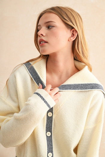 Miou Muse Contrasting Color Button Front Cardigan in Off White/Navy ON ORDER