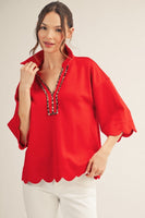 Jodifl Scallop Edge Top with Animal Print Detail in Red