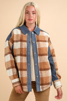 Very J Textured Denim and Contrasting Plaid Shacket in Mocha Mix
