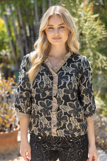 VOY Contrast Ruffled V-neck Floral Textured Top in Tan