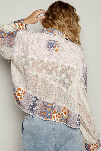 POL CROPPED Mixed Print and Crochet Top in Lavender Multi