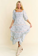 Davi & Dani Floral Print Midi Dress with Contrasting Ric Rac Trim in Blue