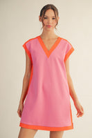 Jodifl Solid Color Casual Dress with Contrasting Color Trim in Pink/Orange