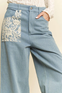 Davi & Dani Denim Pants with Lace Appliques in Light Denim Blue