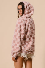 Load image into Gallery viewer, BiBi Checkered Pattern Zip Up Front Sherpa Hoodie in Dusty Pink/Blush
