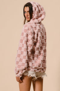 BiBi Checkered Pattern Zip Up Front Sherpa Hoodie in Dusty Pink/Blush