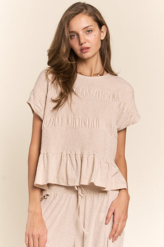 J.nna Solid Color Smocked Top in Light Beige