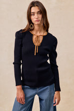 Load image into Gallery viewer, BiBi FITTED Ribbed Knit Top with Contrasting Color Neckline in Black/Camel
