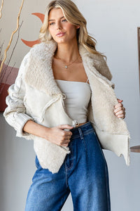 Oli & Hali Faux Fur and Leather CROPPED Jacket with Cable Knit Sweater Sleeves in Cream