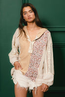 BiBi Knit Floral and Lace Hooded Top in Taupe